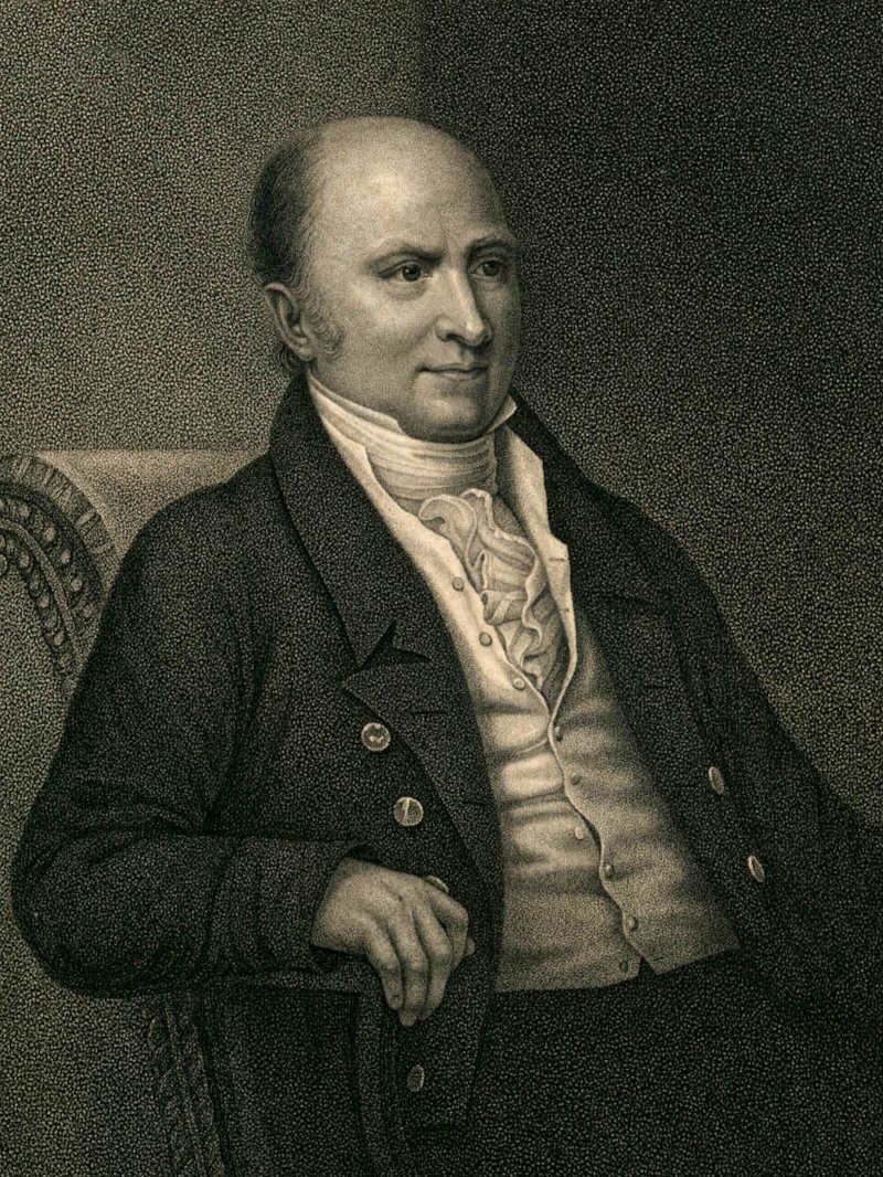 JQA seated, shown from waist up; etching portrait.